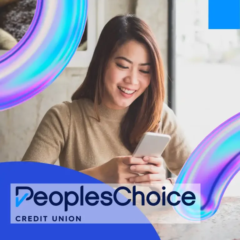 A person using their cellphone with text that says 'People's Choice Credit Union'.