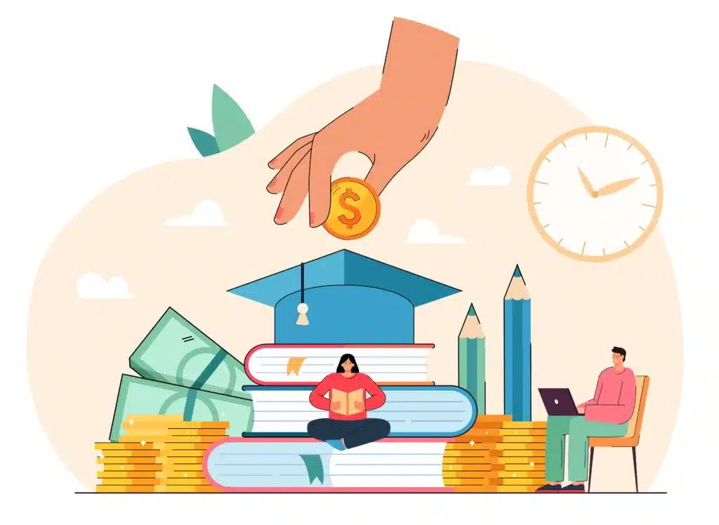 Illustration of a large hand placing a coin on stacked books, with money, a graduation cap, and people studying, symbolizing investment in education.