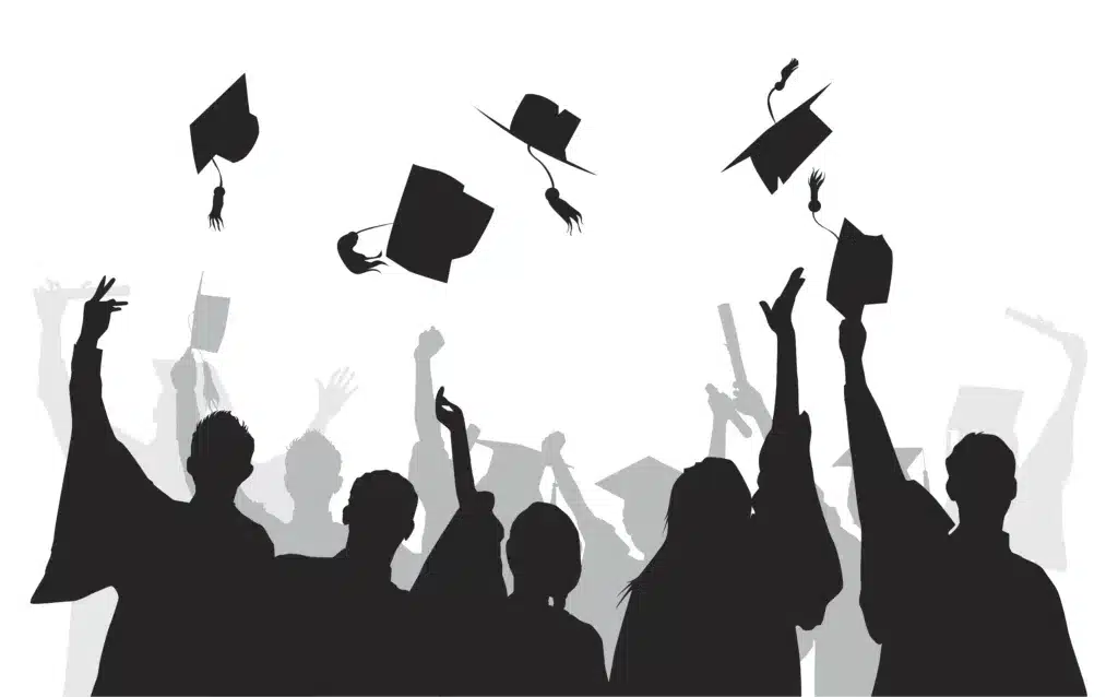 Graduate silhouettes tossing graduation caps. Image by rawpixel.com.