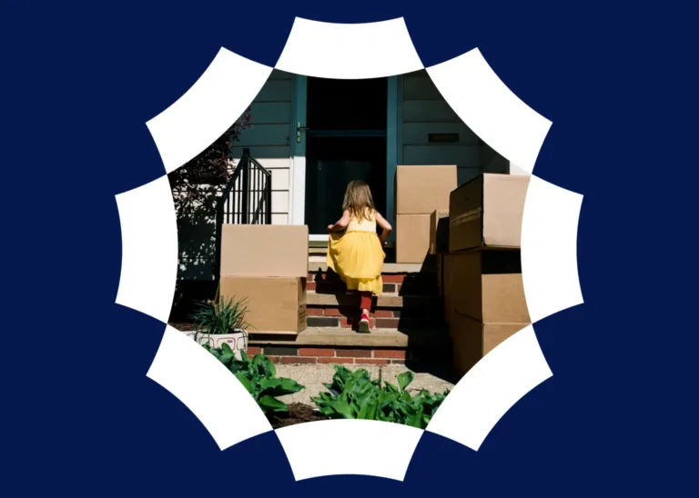A young girl in a yellow dress climbs stairs toward a door, surrounded by large cardboard boxes, with a decorative navy and white border framing the image.