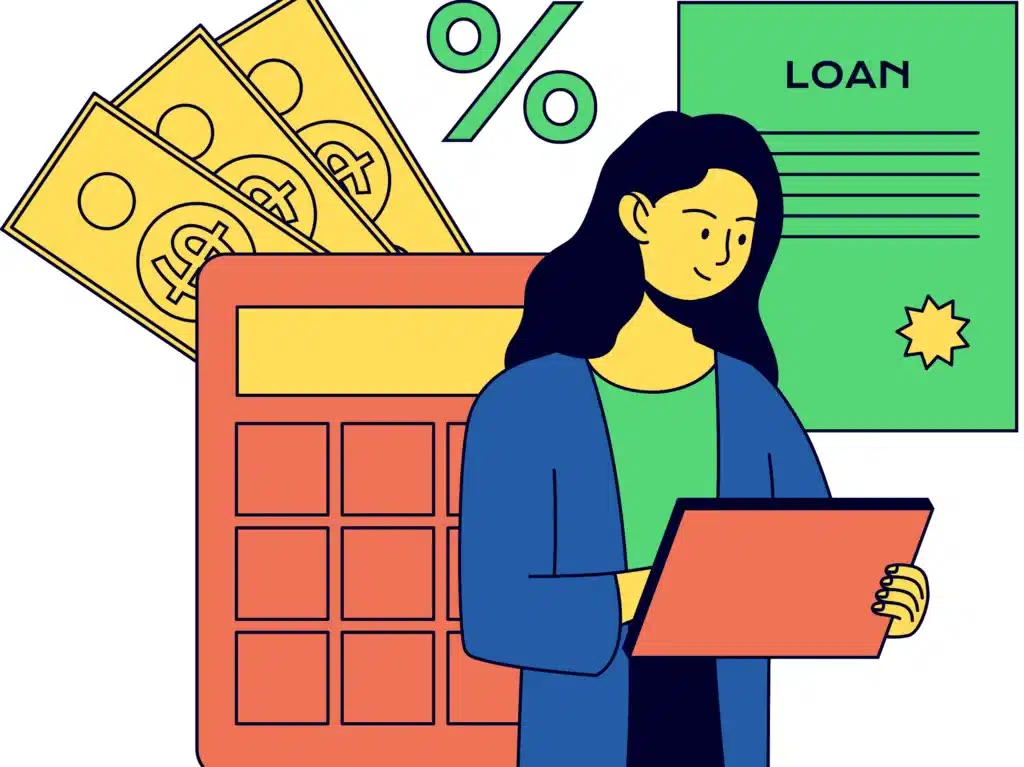 A woman holds a laptop in front of a large calculator, with dollar bills, a percentage sign, and a loan document in the background.