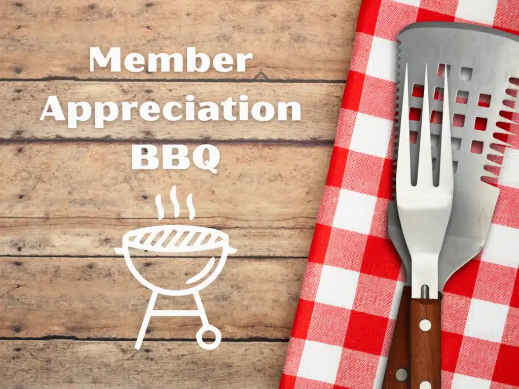BBQ grill illustration and utensils on a red checkered cloth with Member Appreciation BBQ text on a wooden background.