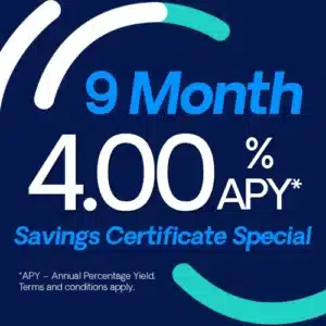 Text reading 9 Month 4.00% APY* Savings Certificate Special with abstract blue and teal curved lines on a dark background.