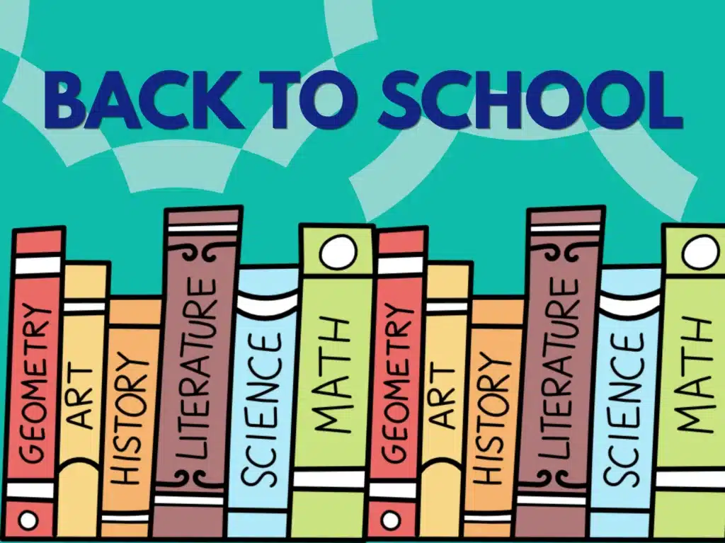 Colorful books labeled by subject sit on a shelf under the words BACK TO SCHOOL on a teal background with curved lines.